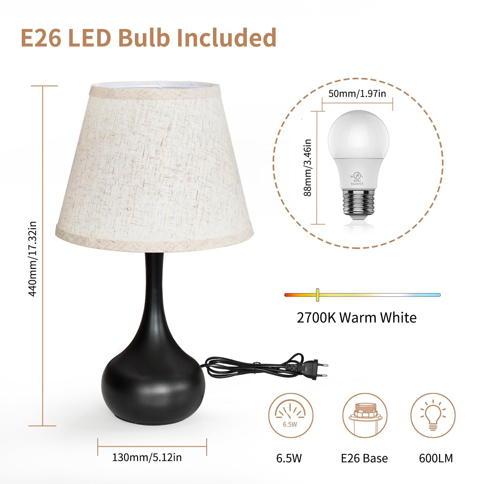 Touch Bedside Lamp for Bedroom, 3-Way Dimmable Farmhouse Table Lamps for Nightstand with Fabric Shade, Desk Lamp for Kids Reading, Home Office