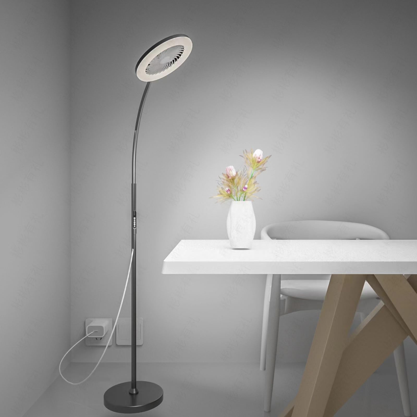  Floor Lamp with Fan Fan Light with RGB 18w/1500lm LED Floor Famp, Stepless Adjustable 3000K-6000K Color and Dimmer, Remote and Button Control, Adjustable Gooseneck Gloor Lamp 