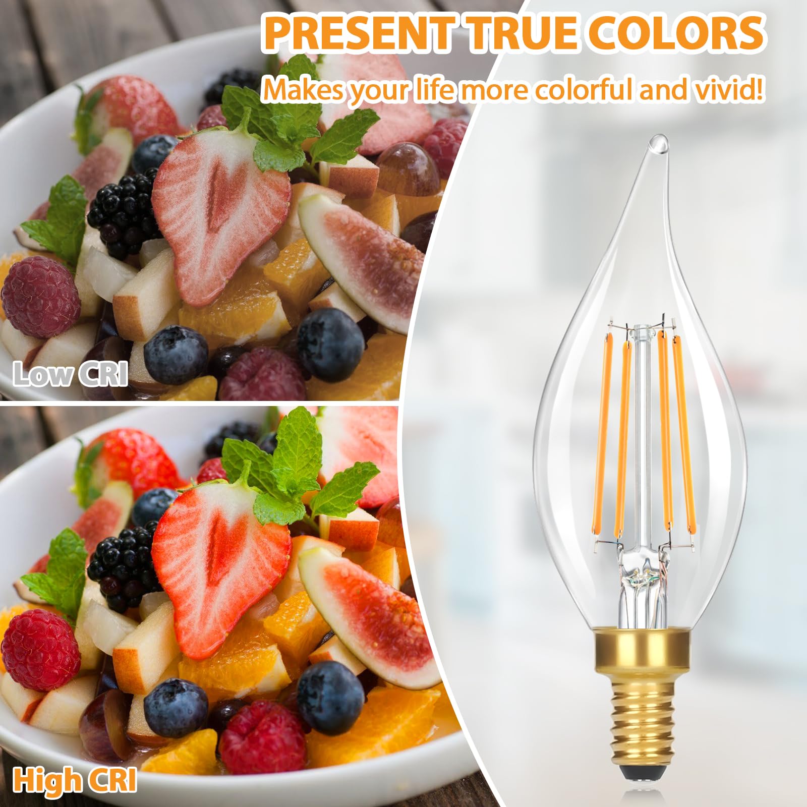 Dimmable E12 Candelabra LED Light Bulbs Equivalent, Chandelier Light Bulbs, Flame Tip Candle Light Bulbs