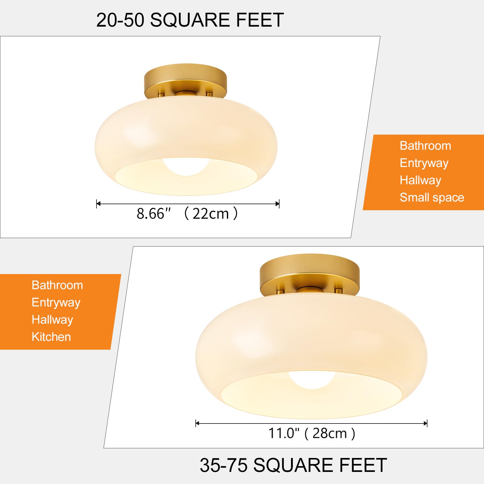  Mid-Century Modern Gold Semi Flush Mount Ceiling Light, Kitchen Ceiling Light Fixture with Glass Shade, Vintage White Close to Ceiling Lamp for Entryway Hallway Bathroom 