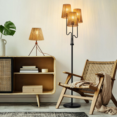 Boho Floor Lamp, 68in. Rattan Floor Lamp with Rattan Shade,3 Light Tree Standing Lamp for Bedroom,Nursery,E26 Socket, Living Room Floor Lamp for Rustic,Beach or Bohemian Decor
