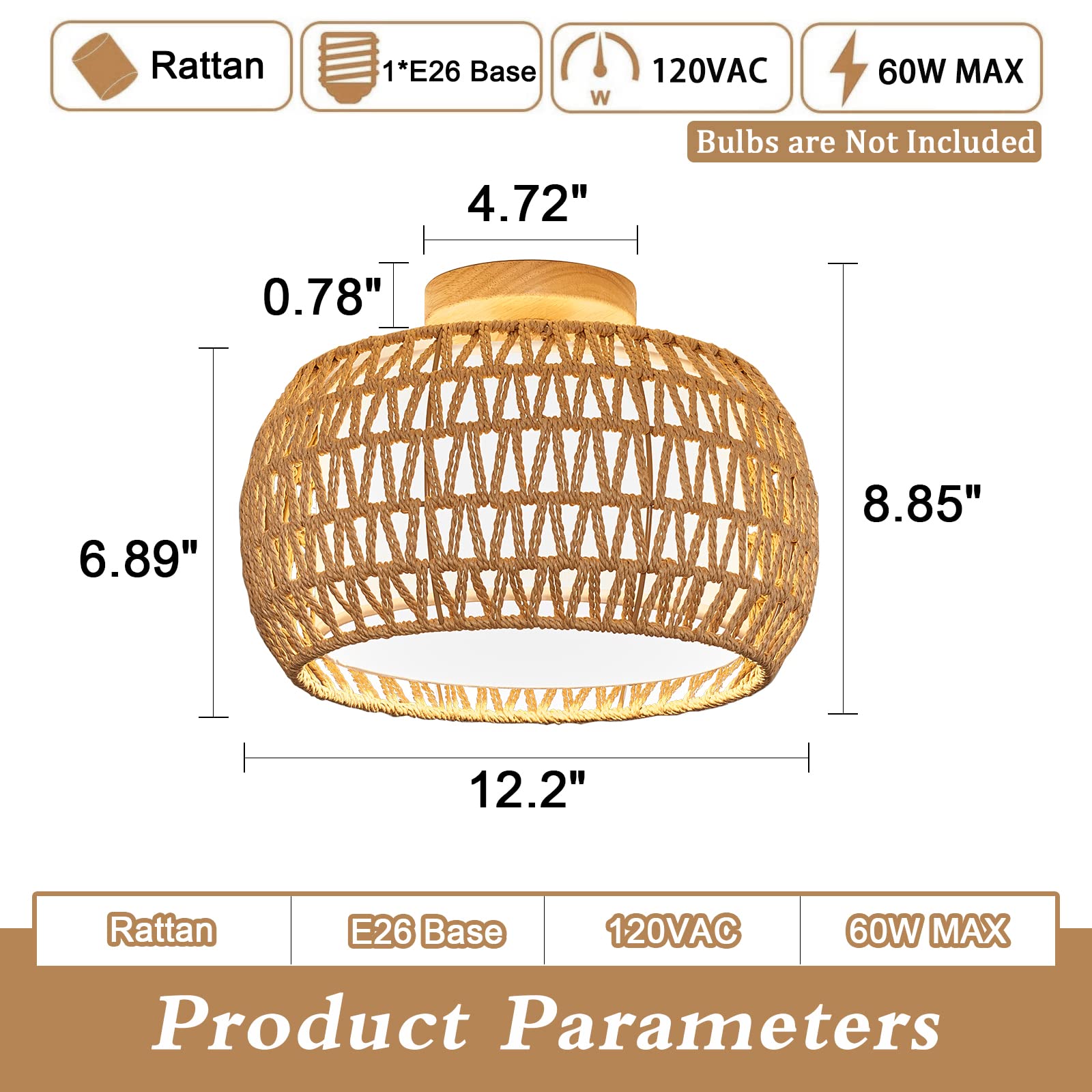 Rattan Ceiling Light Fixtures, Hand-woven Boho Flush Mount Ceiling Light, Handmade Rattan Light Fixtures Ceiling Mount with Fabric Shade, Farmhouse Light Fixture for Bedroom Hallway Entryway