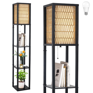 Floor Lamp with Shelves, Corner Floor Lamps for Living Room, Boho Floor Lamp with LED Bulb & Double Shades, Rattan Standing Lamp for Bedroom Office, Shelf Tall Lamp for Storage Display, Home Decor 