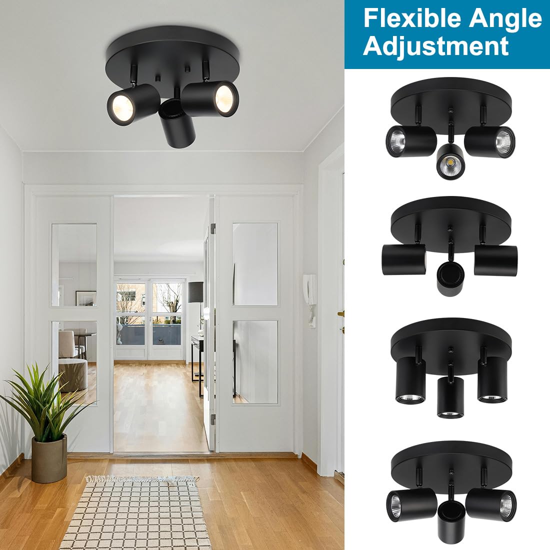 5CCT 3-Light Multi Directional LED Track Light, 3 Head Semi Flush Mount Ceiling Light, 2700/3000/3500/4000/5000K Selectable, 15W Dimmable Black LED Ceiling Spotlight for Kitchen, Hallway