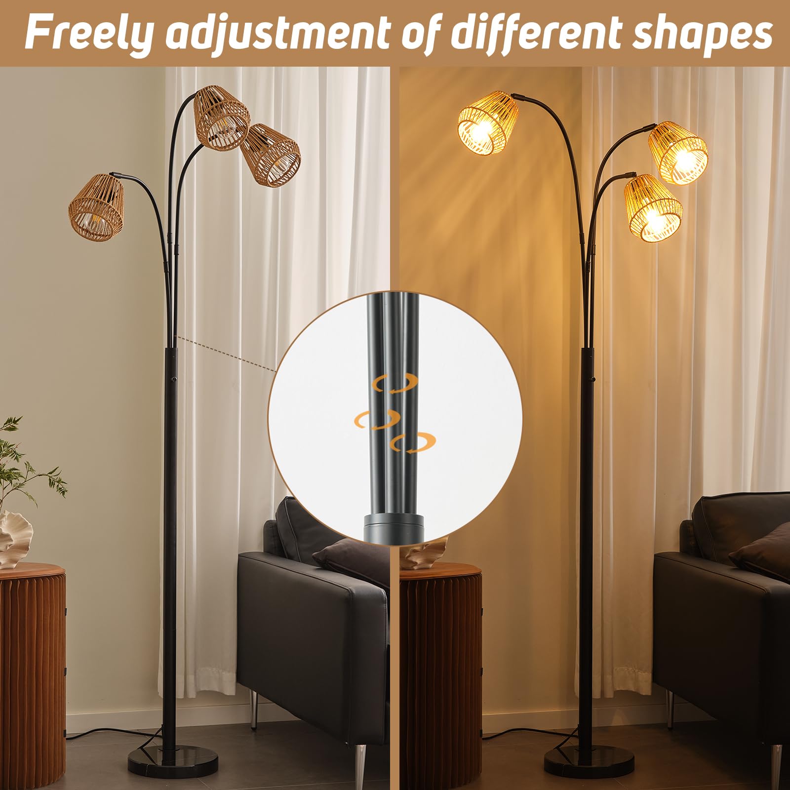 Rattan Floor Lamp for Living Room, 72 Inch Tall Boho Floor Lamp with Rotary Switch, 3-Lights Arched Lamp with Wicker Shade for Coastal,Bohemian,Mid Century Modern ,Farmhouse