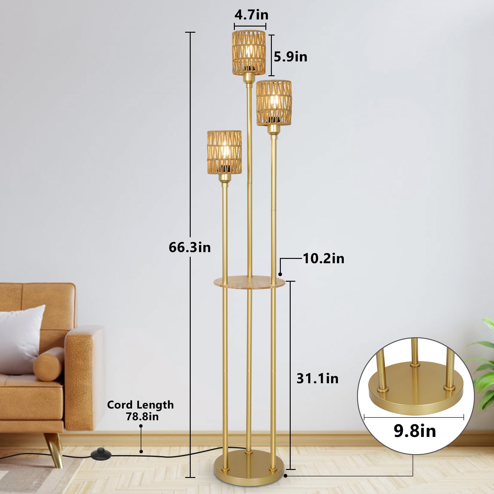 Boho Floor Lamp with Shelves, 3-Lights Farmhouse Tall Floor Lamp with ON/Off Foot Switch, Gold Modern Floor Lamps with Rattan Shades, Rustic Standing Lamp for Living Room, Bedroom, Office 