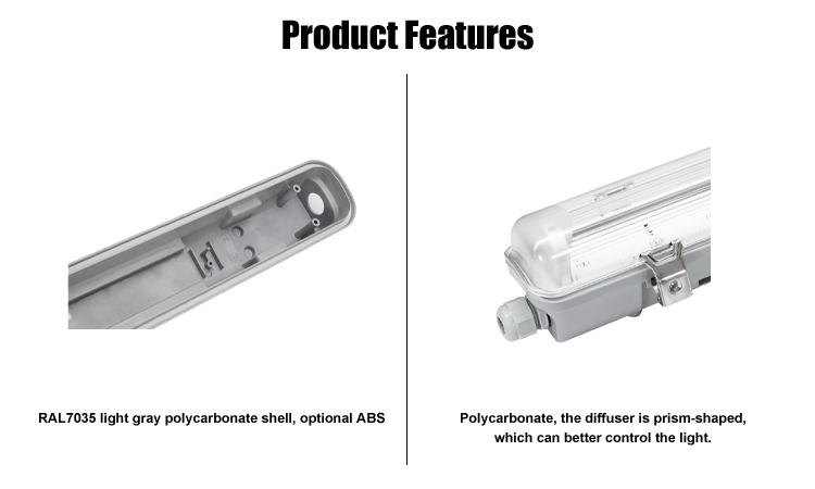2. The shell is made of RAL7035 light gray polycarbonate, and the diffuser is made of ABS, and the polycarbonate is made of PMMA, and the outdoor LED three-proof lamp is 10W 18W 36W 48W