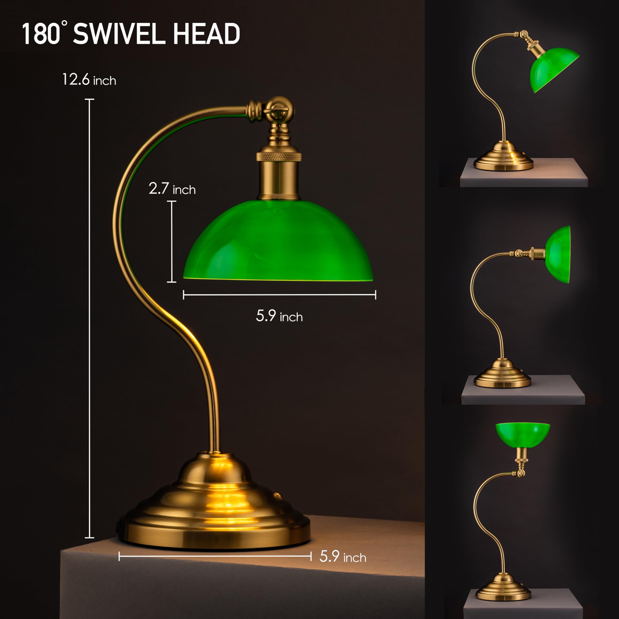Cordless LED Table Lamp, Battery-Operated, Rechargeable, 3-Level Dimming, Universal USB-C Charging, 180° Swivel Head, Classic Glass Shade, Antique Brass 