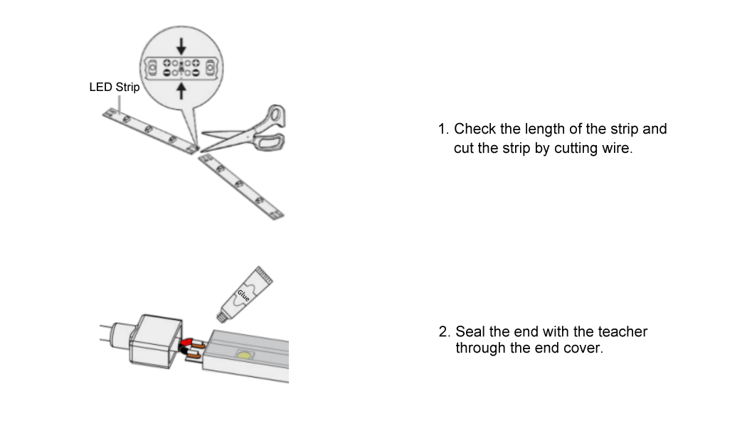 7. Product installation step diagram LED best-selling outdoor light strip 3000K 4000K 5000K can choose IP68 waterproof and dustproof, 50m per roll, VHB adhesive, minimum cut 5cm, voltage 220V