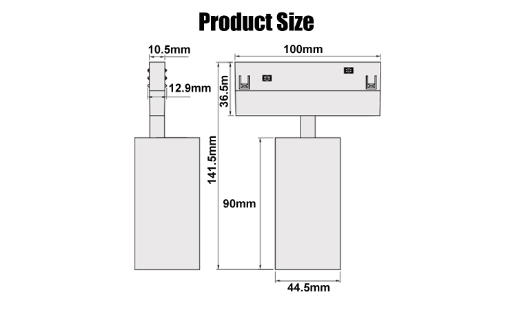 6. Product size line drawing L100W45H141.6mm wholesale LED modern track lamp 3-year warranty 3000K 4000K 6000K optional, beam angle 24 degrees 36 degrees 60 degrees, IP20 indoor lighting