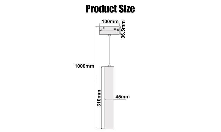 4.Product size line drawing 15W best-selling LED magnetic lamp, 3000K 4000K 6000K optional, beam angle 24 degrees 36 degrees 60 degrees, 3-year warranty L100W45H1000mm