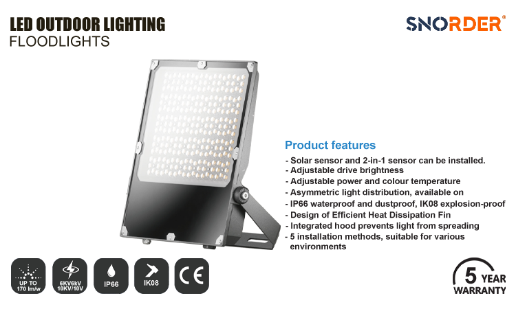 1. Product features LED modern outdoor floodlight 5-year warranty IP66 waterproof and dustproof IK08 explosion-proof, CE certification 170lmw, 50W 100W 150W 250W 300W optional