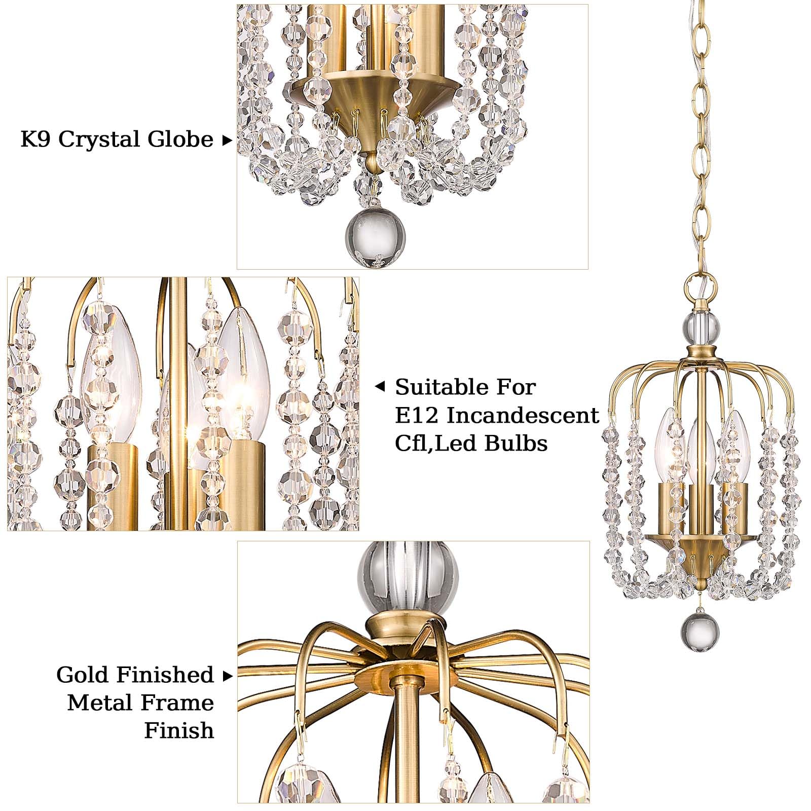 Small Gold Crystal Chandelier, 3-Light Modern Mini Crystal Pendant Light with 36'' Adjustable Chain, K9 Crystal Lighting Chandelier for Bedroom, Kitchen, Entryway