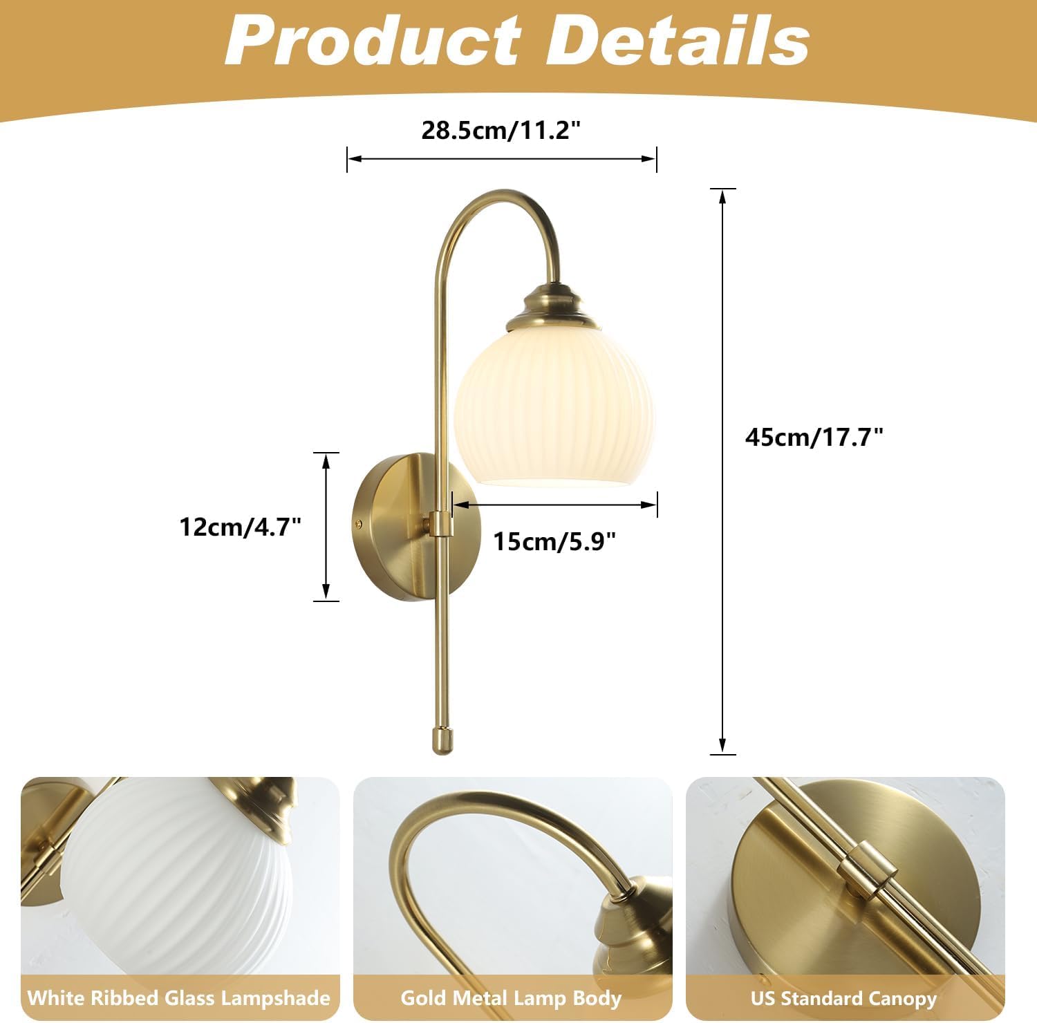 1-Lighting Milk Ribbed Glass Wall Sconce Indoor Gold and White Wall Sconce Minimalist Slim Long Sconces Brass Hallway Wall Light Fixtures Globe Vanity Lights for Bathroom Bedroom