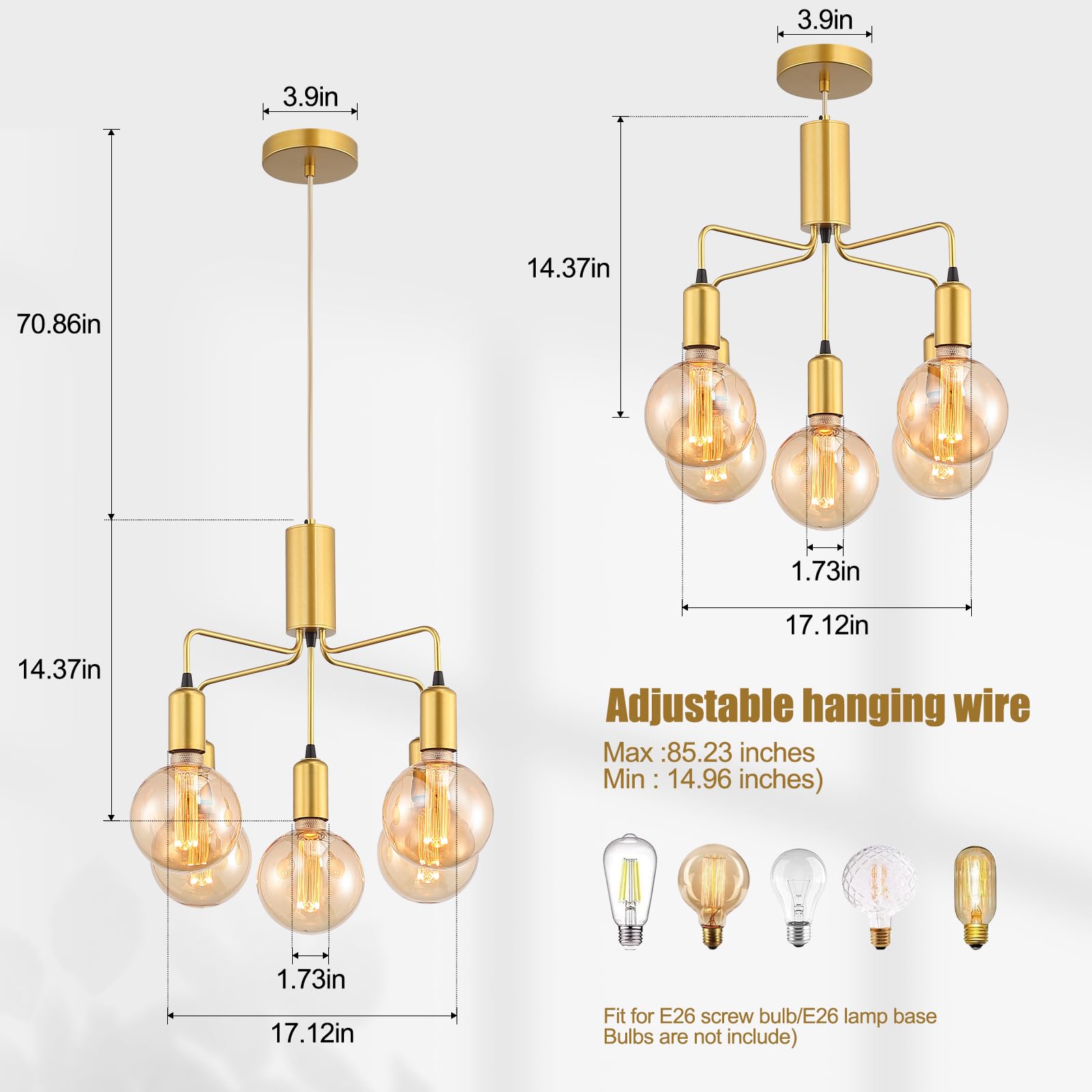 5-Lights Gold Chandelier Light Fixture Modern Metal Globe Pendant Light Sputnik Chandeliers Hanging Ceiling Light Fixture for Dining Room Living Room, Dining Room, Bedroom, Kitchen