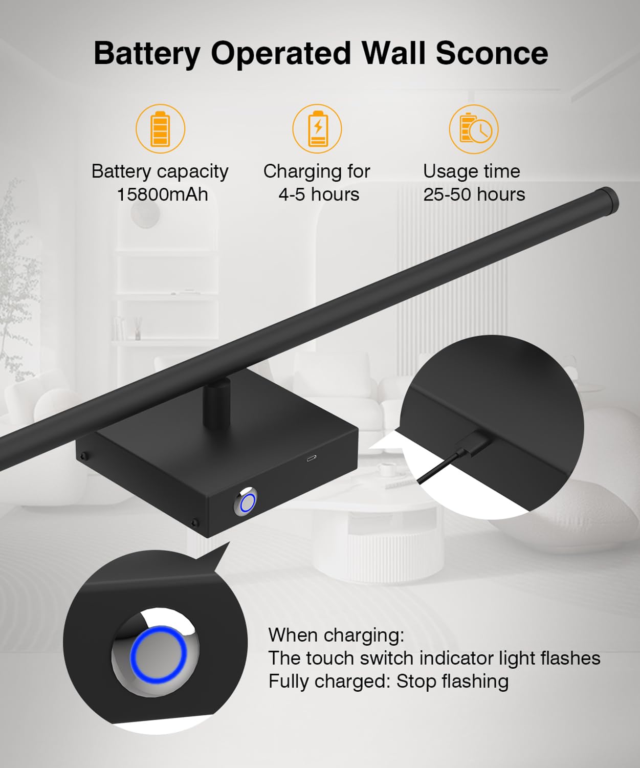 Battery Operated Wall Sconces with Remote Control,Wall Sconces Set of Two,3000K-6000K LED Wireless Wall Light for Bedroom, Hallway, Background Wall, 350°Rotate,28.3 Inch