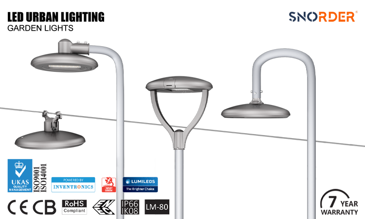 1. 7-year warranty LED garden lamp made in China, IP66 waterproof and dustproof, IK08 explosion-proof. CE, CB, ROHS product certification, voltage 180-277VAC, 5-year warranty, 3000K4000K500K5