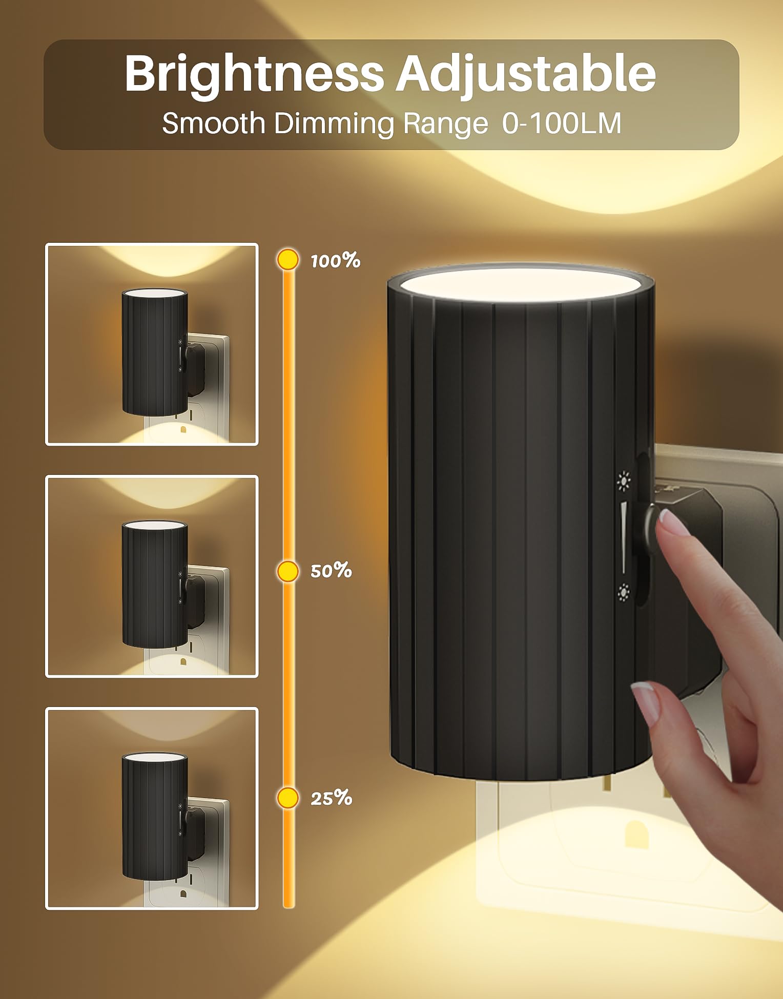 Night Lights Plug into Wall, LED Plug in Night Light, Dusk to Dawn Light Sensor, 0-100LM Adjustable Brightness Wall Light, Dimmable Night Lights for Hallway Bedroom Stairway