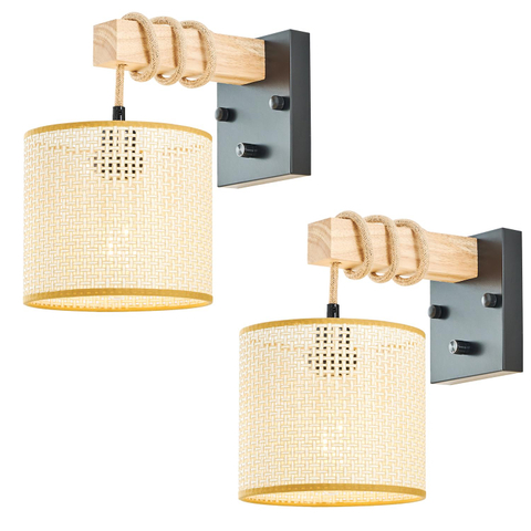 Rattan Boho Wall Sconces, Hardwired Hand-Woven Farmhouse Wall Lamps with Wooden Arm & On/Off Dimmable Switch,Rustic Indoor Wall Mount Light Fixtures for Bedroom Nursery Living Room Bathroom