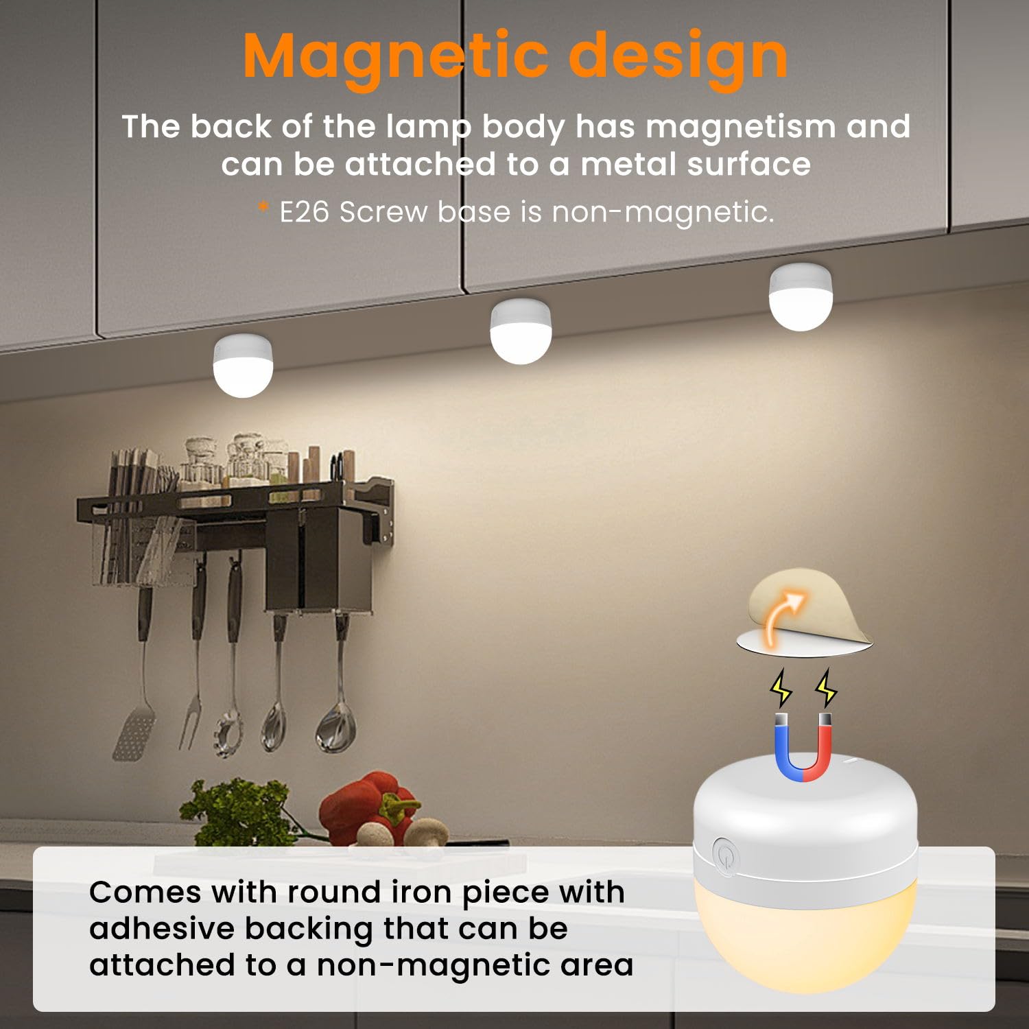 E26 Rechargeable Light Bulbs with Remote Control Timer and 3 Color Temperature Magnetically Battery Operated Light Bulbs Dimmer for Non-Hardwired Detachable (5W+E26+3Colors) 
