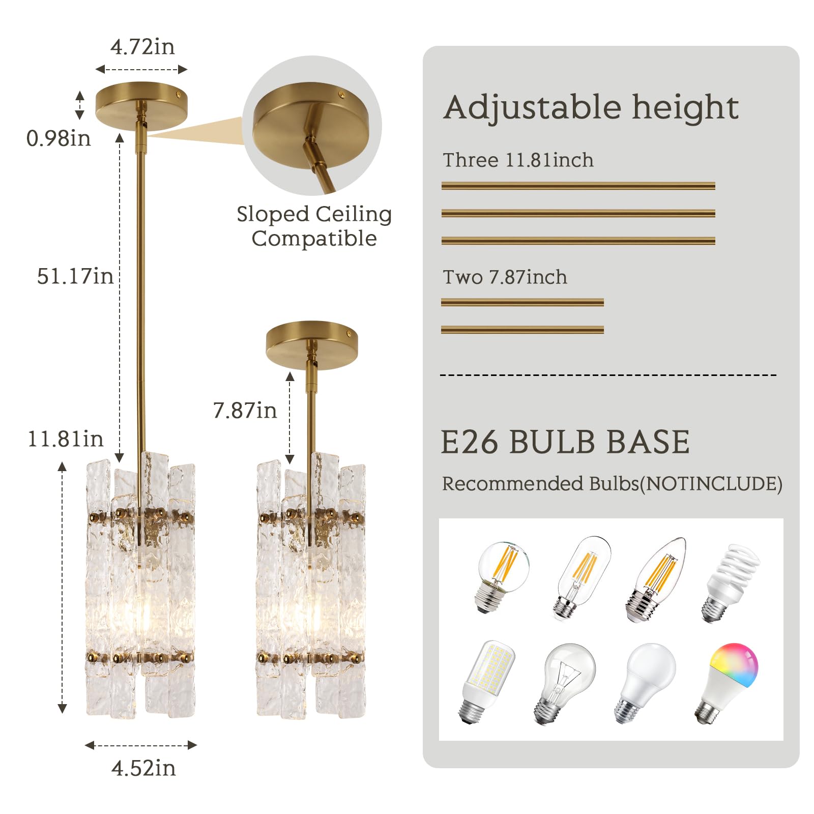 Modern Crystal Pendant Light for Kitchen Island, Gold Luxury Mini Water Ripple Glass Chandelier Lights Fixture, Modern square Adjustable Hanging Pendant Lighting for Dining Room Bedroom