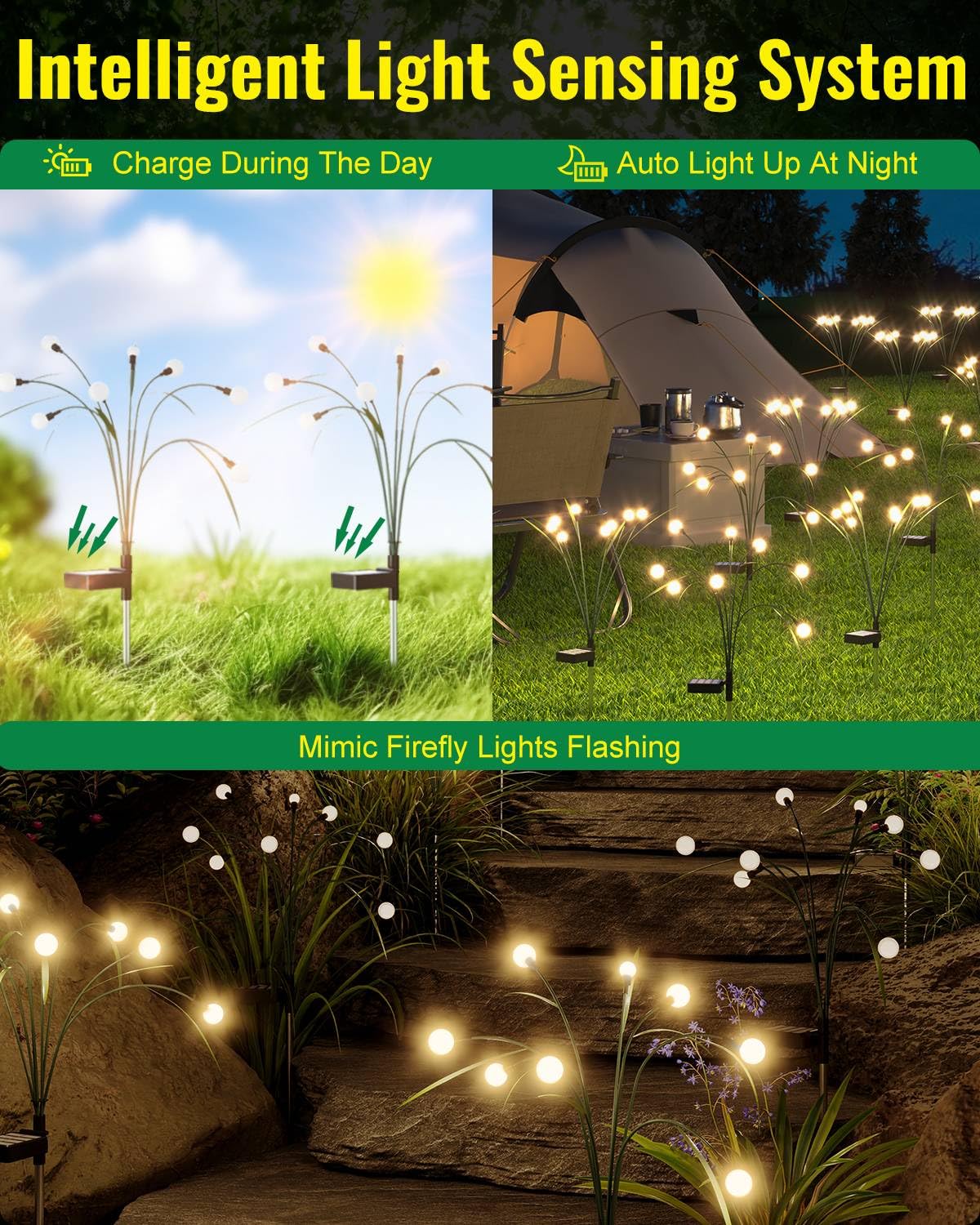 4 Pack Solar Garden Lights,2 Lighting Modes Waterproof Firefly Lights with Artificial Green Leaves & Branches,32 LED Big Bulb Solar Lights Outdoor Swaying Light for Yard Patio Pathway Decor