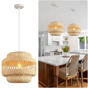 15.8" Rattan Pendant Light Kitchen Island, Boho Lights Fixture Wicker Dining Room Lighting Farmhouse Hand-Woven Chandeliers Weaving Hanging Ceiling Lighting for Restaurant Living Room Foyer 