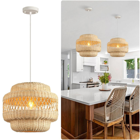 15.8" Rattan Pendant Light Kitchen Island, Boho Lights Fixture Wicker Dining Room Lighting Farmhouse Hand-Woven Chandeliers Weaving Hanging Ceiling Lighting for Restaurant Living Room Foyer 