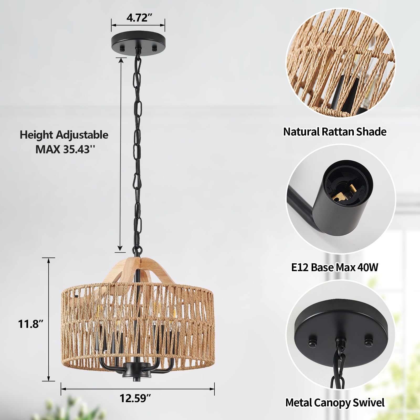 Antique Dining Room Light Fixture, 4-Light Rattan Pendant Light with Drum Shade, Adjustable Woven Wicker Ceiling Hanging Light, Farmhouse Boho Chandelier for Living Room Kitchen Island 