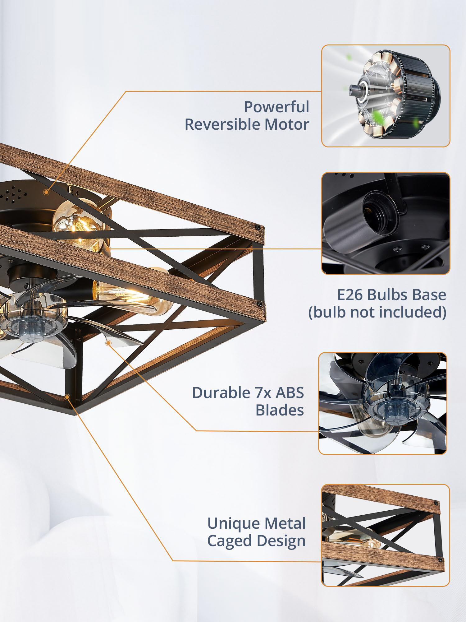 Caged Low Profile Ceiling Fans with Lights and Remote, Rustic Square Flush Mount Ceiling Fan, 6 Speed and Reversible, Small Farmhouse Bladeless Ceiling Fan for Bedroom, Kitchen, Dining Room 