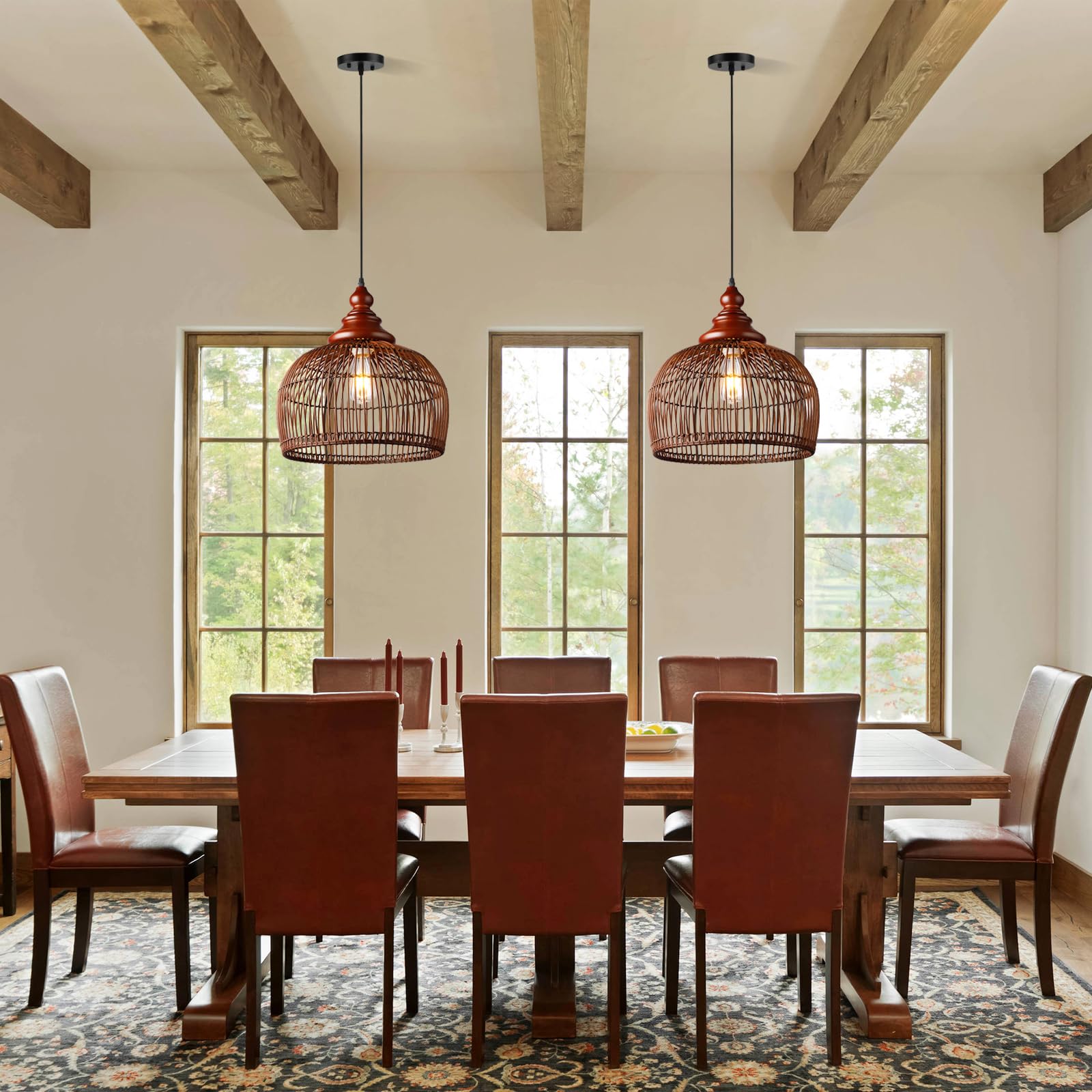 Rattan Pendant Light Kitchen Island, 15.8" Boho Dining Room Light Fixture Hand-Woven Wicker Chandelier Farmhouse Weaving Lighting Coastal Ceiling Hanging Lights for Living Room Restaurant 