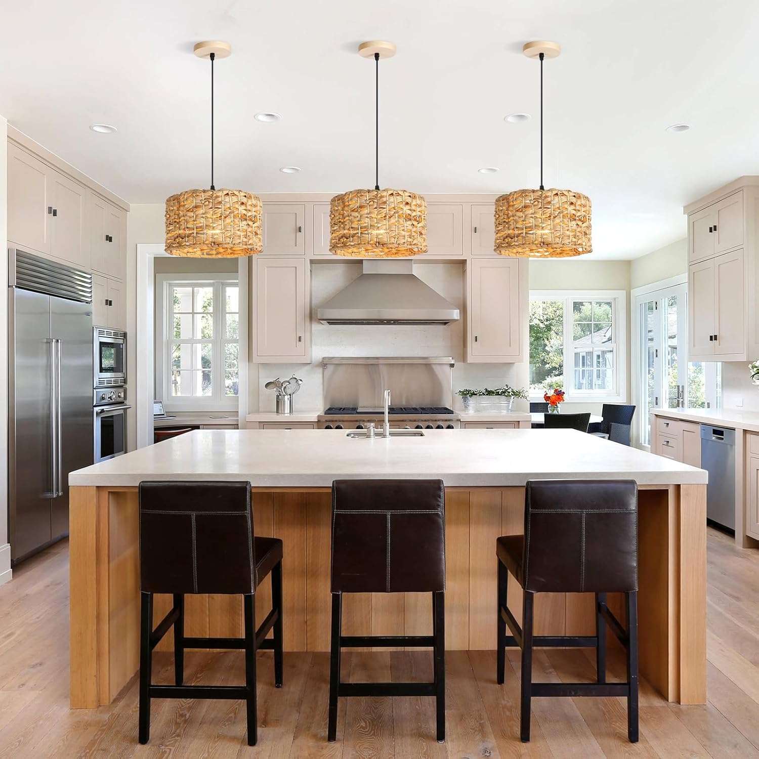 Rattan Pendant Light for Kitchen Island, 12.2in Boho Hand Woven Kitchen Light Fixtures Wicker Dining Room Lighting Coastal Chandelier for Farmhouse Bedroom Living Room Restaurants Bedside