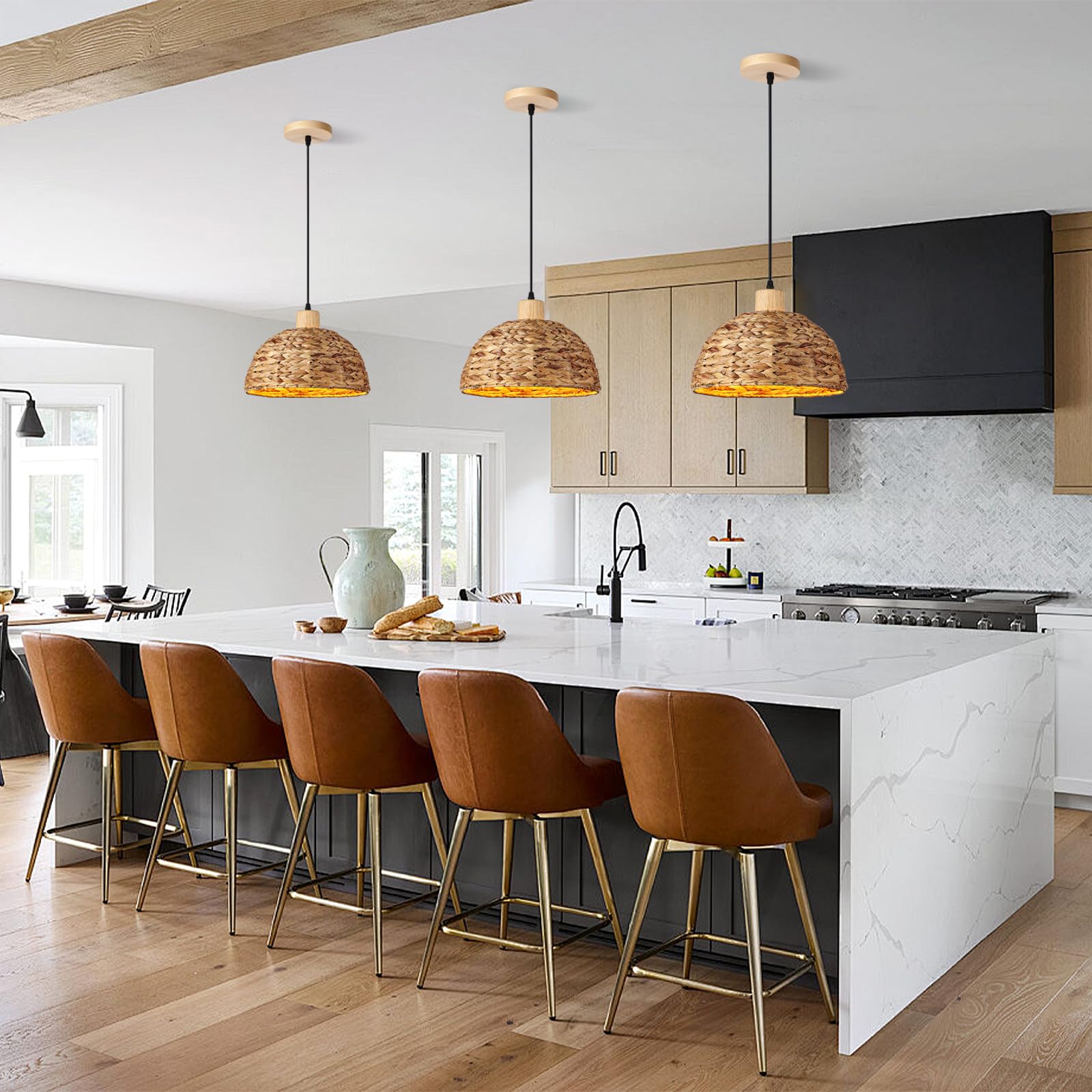 Boho Pendant Lights Kitchen Island, 11.8" Hand-Woven Rattan Light Fixture Bohemian Lighting Farmhouse Seagrass Weaving Hanging Ceiling Light Chandelier for Living Dining Room Restaurants 