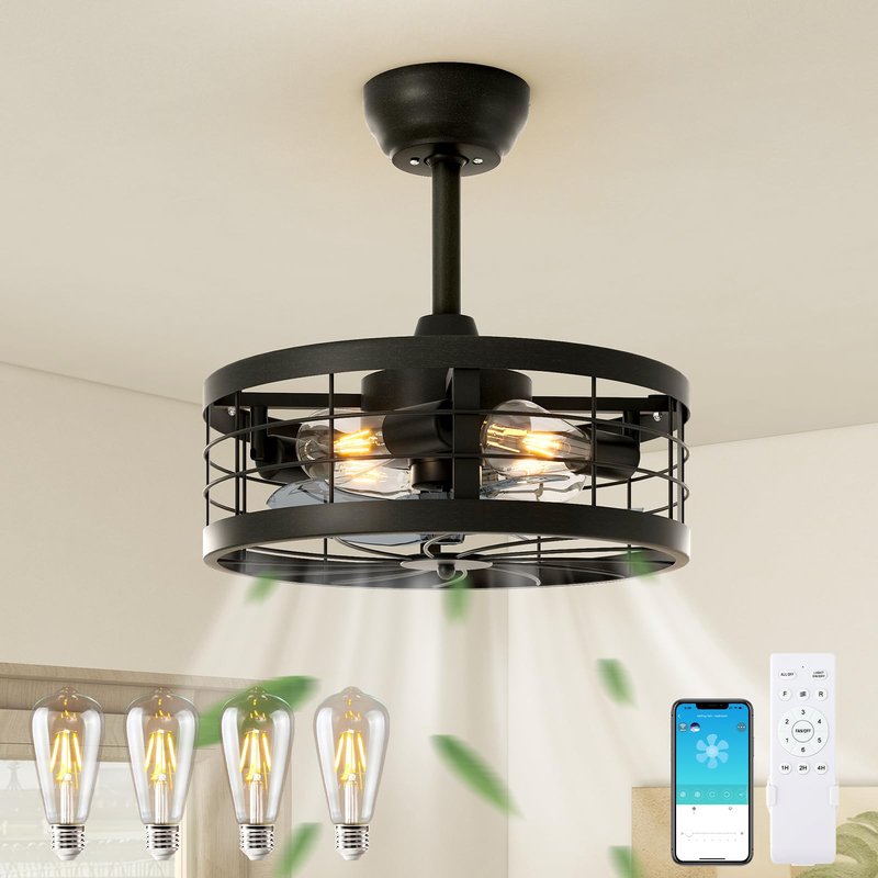 Caged Ceiling Fan with Light,16.5in Black Fandelier Ceiling Fan with Light and Remote,Farmhouse Bladeless Ceiling Fan Lights Fixtures for Kitchen,Bedroom