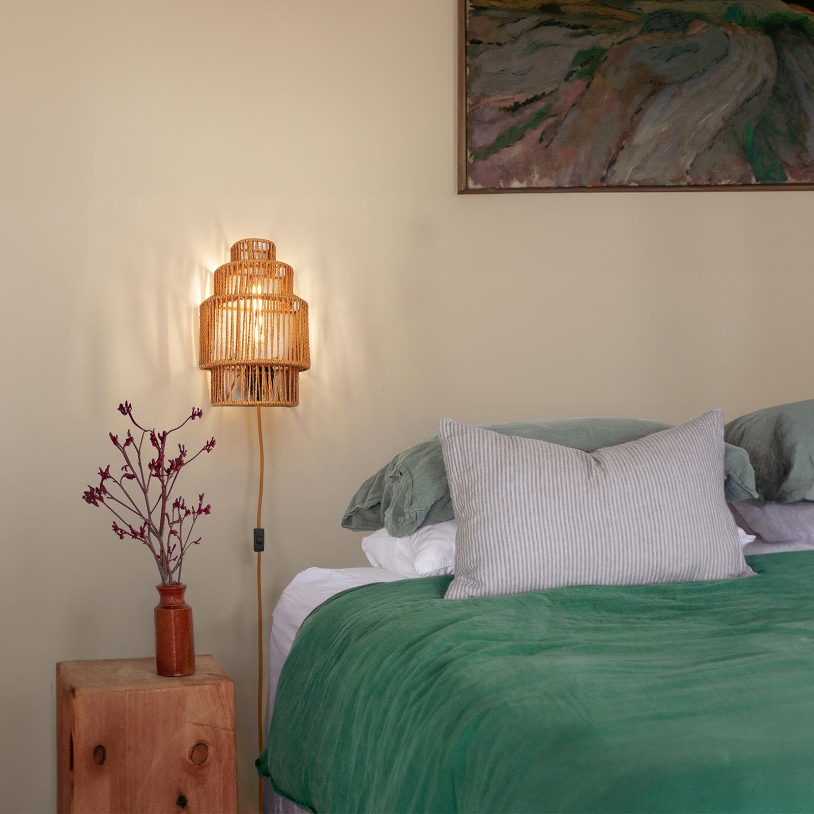 Plug-in Wall Sconce, Handwoven Bohemian Wall Decor with Switch and Bulb, Wall Lights Fixtures for Bedroom Living Room Hallway Porch 