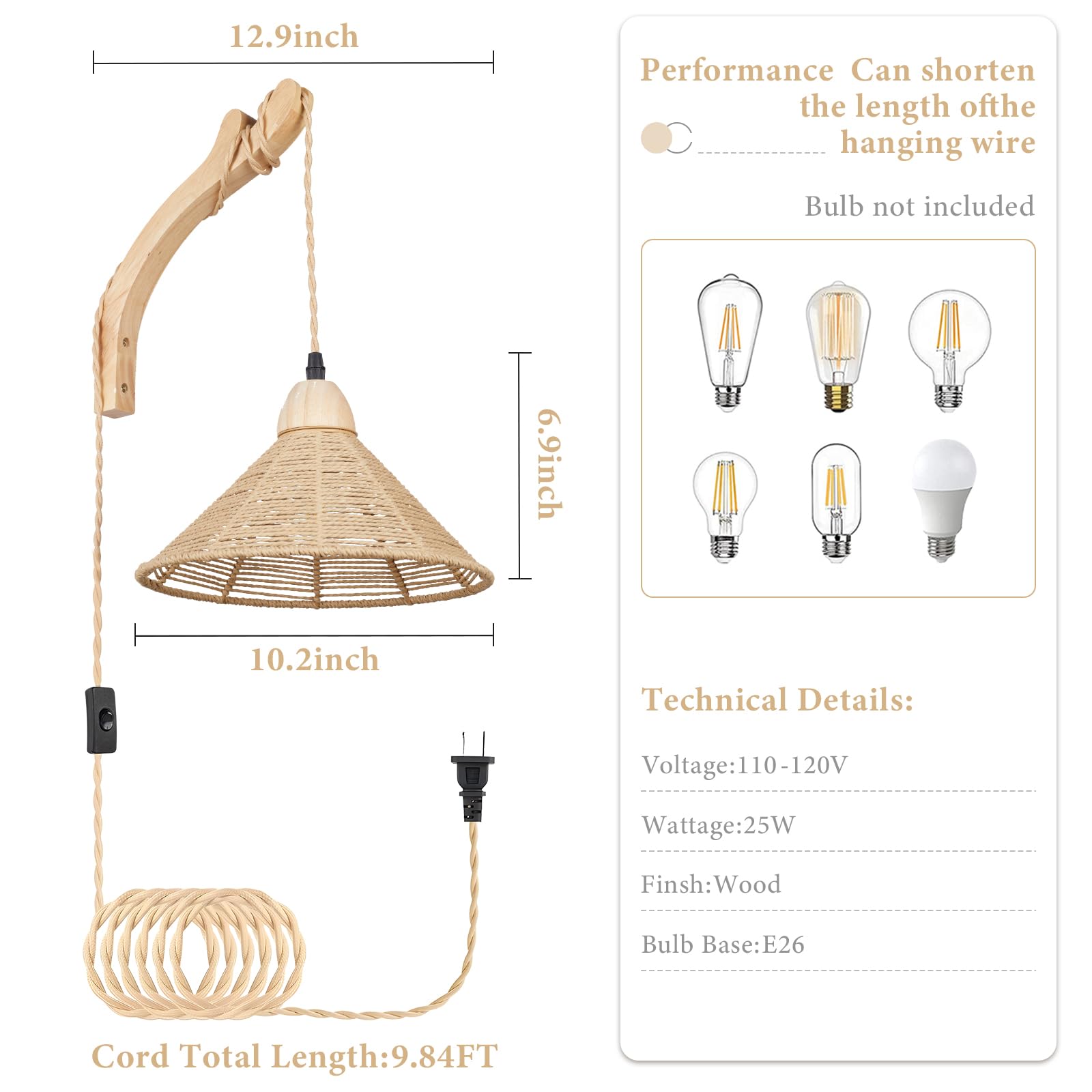 Rattan Wall Lamp with Plug in Cord Boho Wall Sconces Farmhouse Hanging Wall Mounted Light Fixture Chandelier for Bedroom Living Room Dining Room 