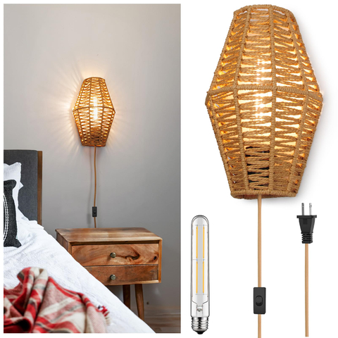 Plug-in Wall Sconce Handwoven Bohemian Wall Decor with Switch and Bulb, Wall Lights Fixtures for Bedroom Living Room Hallway Porch 