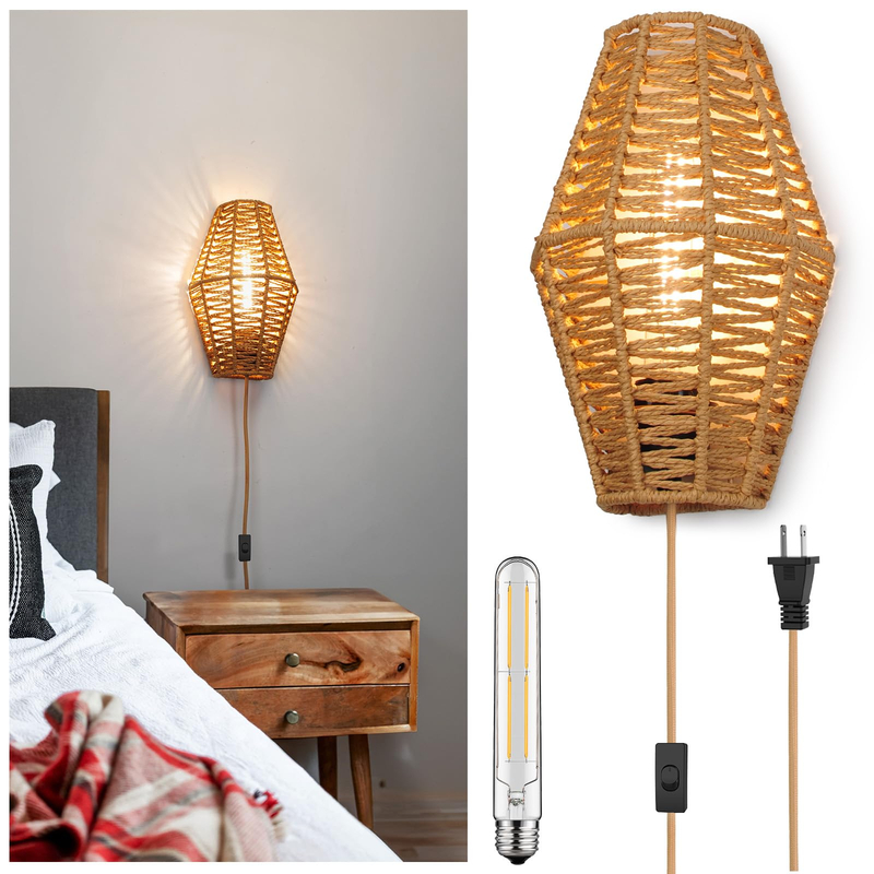 Plug-in Wall Sconce Handwoven Bohemian Wall Decor with Switch and Bulb, Wall Lights Fixtures for Bedroom Living Room Hallway Porch 