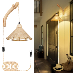 Rattan Wall Lamp with Plug in Cord Boho Wall Sconces Farmhouse Hanging Wall Mounted Light Fixture Chandelier for Bedroom Living Room Dining Room 