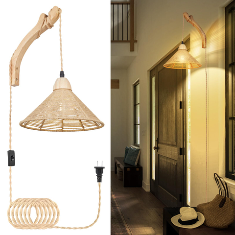 Rattan Wall Lamp with Plug in Cord Boho Wall Sconces Farmhouse Hanging Wall Mounted Light Fixture Chandelier for Bedroom Living Room Dining Room 