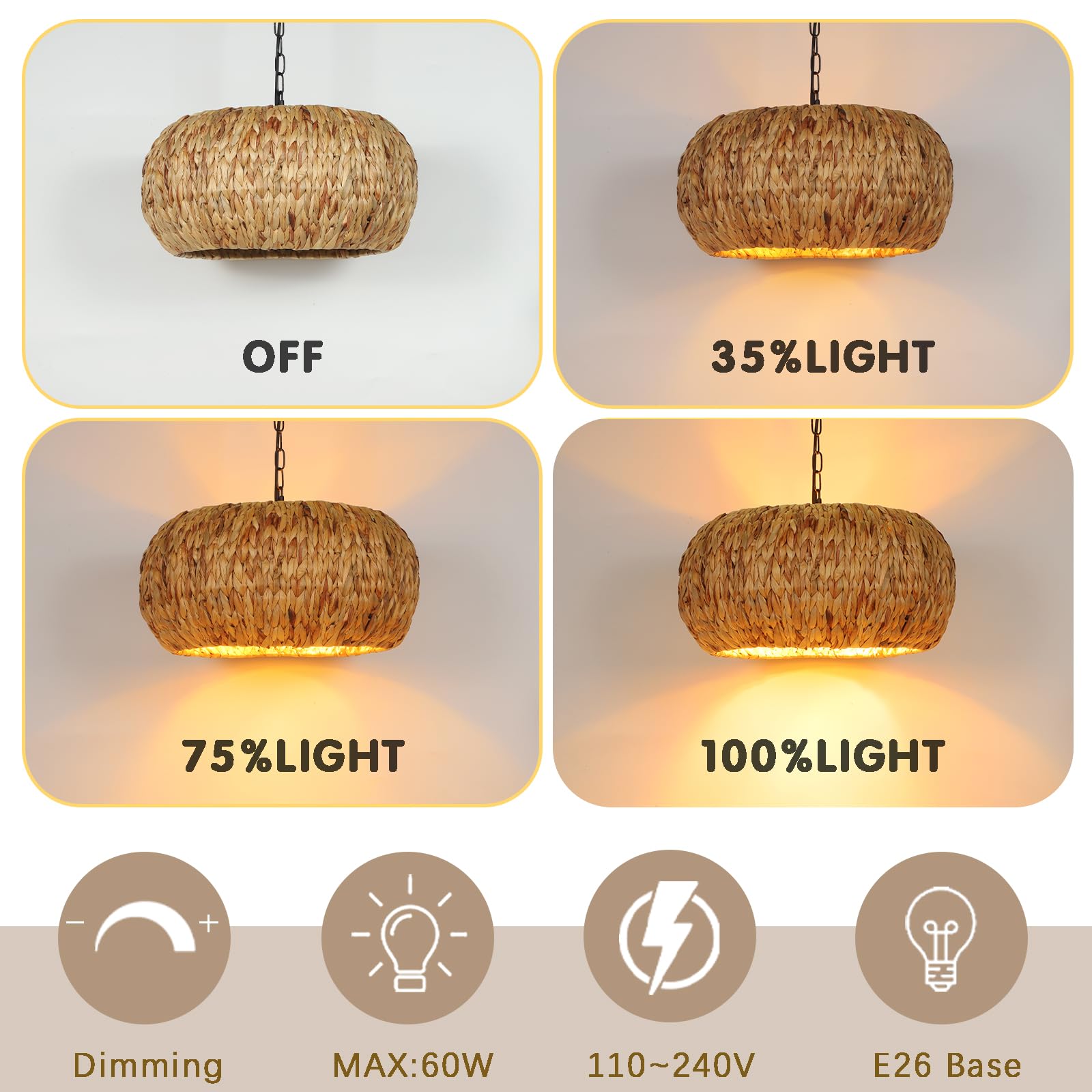Hand-Woven Boho Pendant Light, 17.7" 5-Light Bohemian Rattan Lighting Fixture Natural Weaving Hanging Ceiling Light Coastal Wicker Chandelier for Kitchen Island Living Dining Room Restaurants 