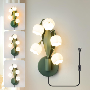  Vintage Plug in Wall Sconce, Cute Lily of Valley Wall Lamp 3 Color Temperatures Flower Wall Light Fixture with On/Off Switch for Hallway Bedroom Living Room Office Home Decor 