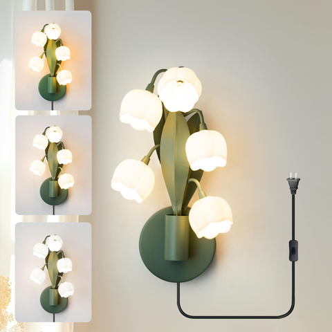 Vintage Plug in Wall Sconce, Cute Lily of Valley Wall Lamp 3 Color Temperatures Flower Wall Light Fixture with On/Off Switch for Hallway Bedroom Living Room Office Home Decor 