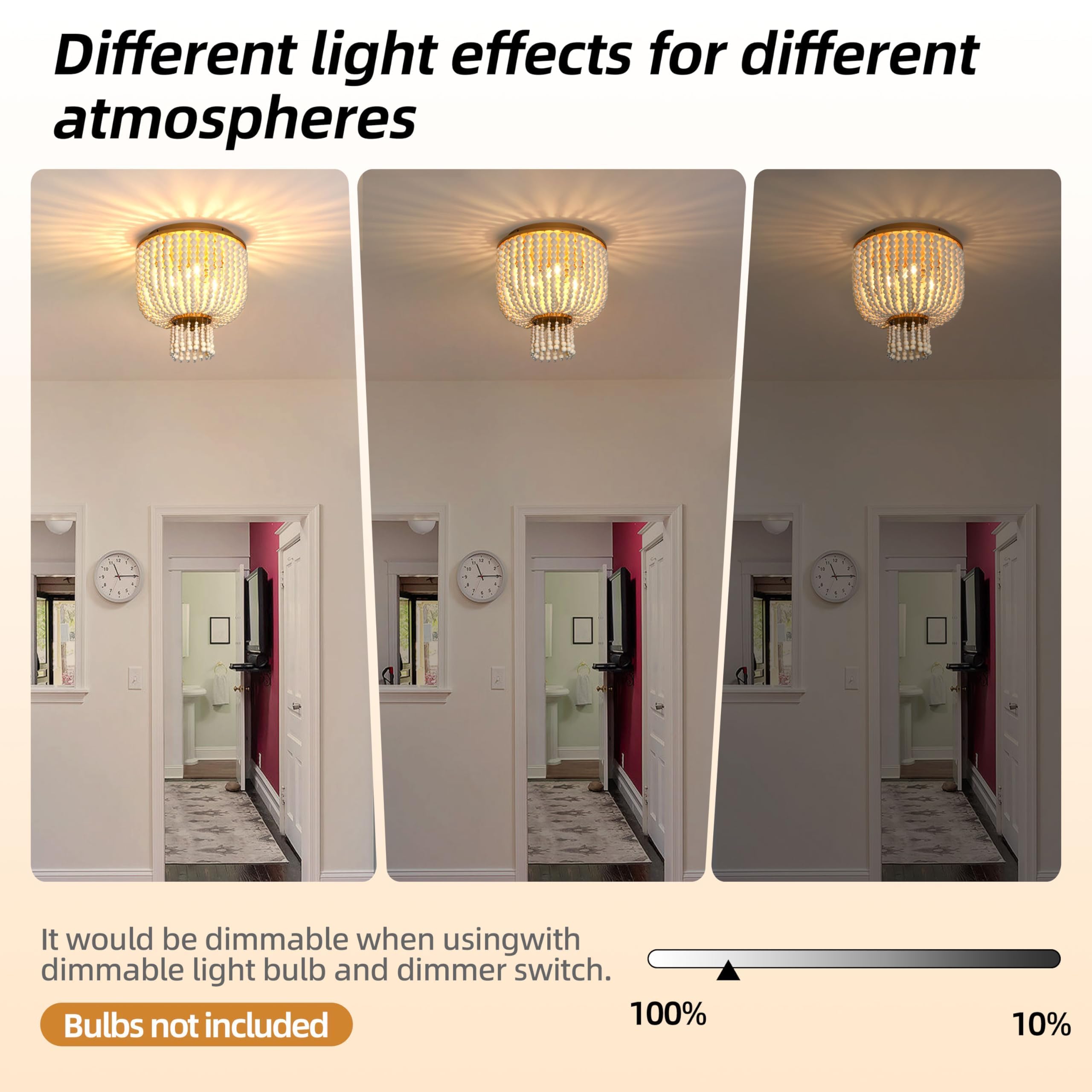 3 Light 12 Inch Boho Light Fixtures Ceiling Wood Beaded Flush Mount Ceiling Light Bohemia Wood Beaded Chandelier Natural Wood Beaded Chandelier Boho Light Fixture for Living Room 