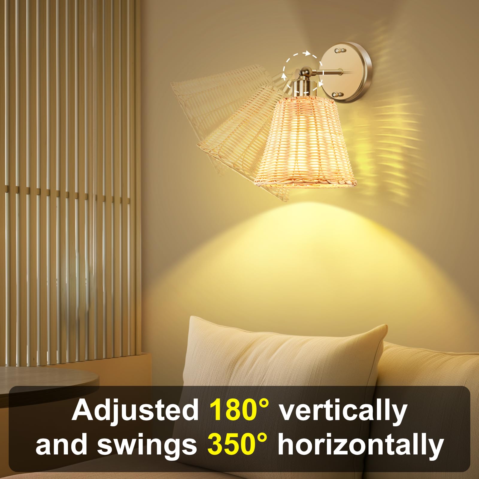 Rattan Rechargeable Battery Operated Wall Sconces Set of Two with Remote, 3 Colors Dimmable Wireless Wall Light, 5200mAh Indoor Wall Lamp with 4 Timer, Boho Sconces Wall Lighting for Bedroo
