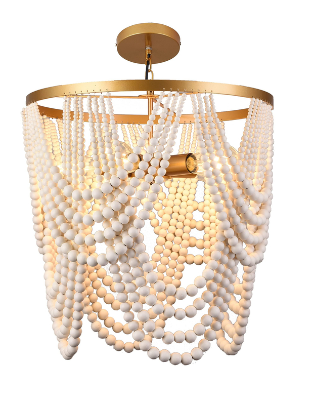 Bohemia Wood Beaded Chandelier Boho Chandelier Gold and Oak Finish Beaded Light Fixture for Dining Living Room,Bedroom, Nursery Room, Girl Room, Hallway, Entryway, Passway, 5-Light 