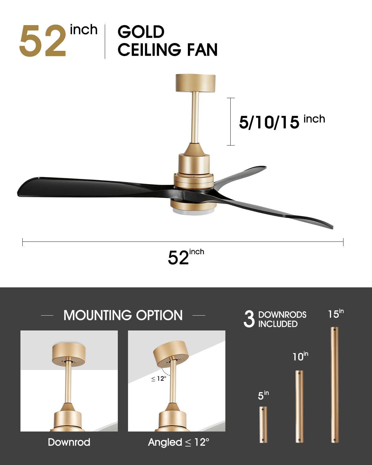 Modern Black and Gold Ceiling Fan with Lights and Remote, ETL Listed, 3 Downrods, 3 Blade Gold Black Ceiling Fans, Reversible Quiet DC Motor, 3 Timer for Outdoor Patio Waterproof Bedroom 
