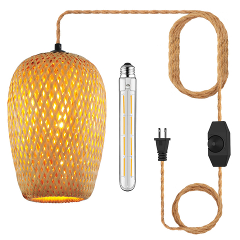 Plug in Pendant Light Handwoven Bamboo Pendant Lamp Boho Modern Wicker Hanging Lights Rustic Country Natural Basket Hanging Lamp for Kitchen Study Bedroom Cafe