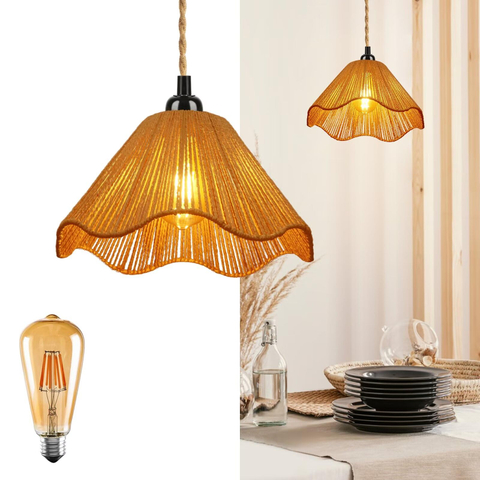 Plug in Pendant Light, Rattan Hanging Lights with Plug in Cord 15FT Cord On/Off Switch Vintage Hanging Lamp, Hand Woven Boho Chandelier for Bedroom, Living Room, Kitchen