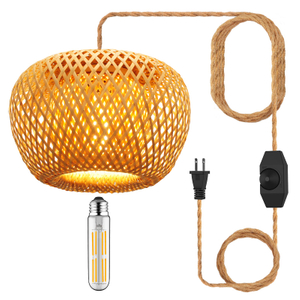 Plug in Pendant Light Fixture with Hand Woven Bamboo Lamp Shade Dimmer Switch Hanging Lights with Plug in Cord Boho Wicker Rattan Hanging Lamp for Living Dinning Room Bedroom Kitchen Island 